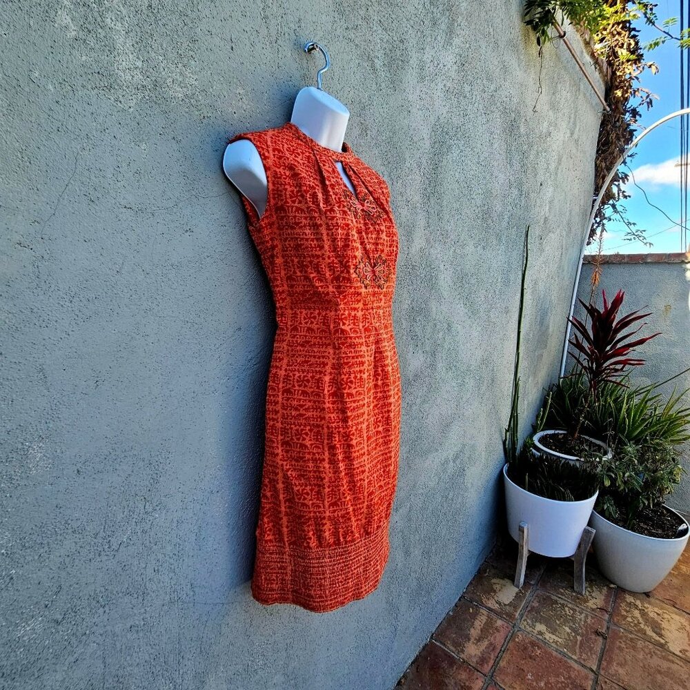 Vintage 60s Rama Siam Orange Quilted Cotton Dress 6 8 Thailand Sleeveless